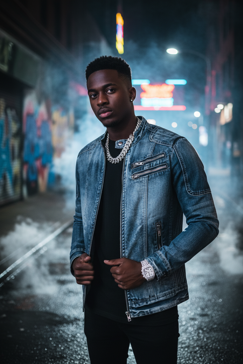Street Denim Jacket - Urban Black Model Iced Out