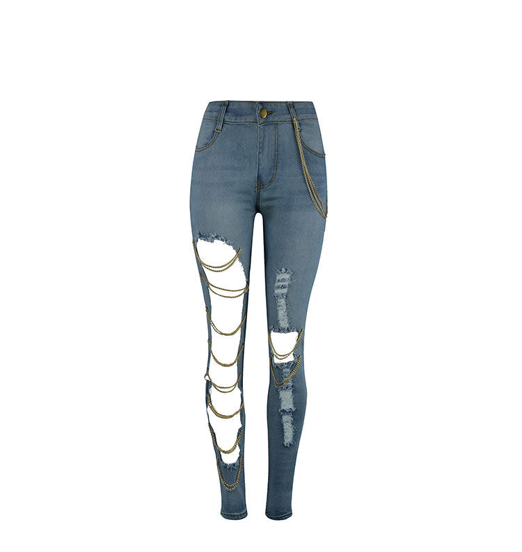 Ripped Chain Denim Pants — High Waist Stretch
