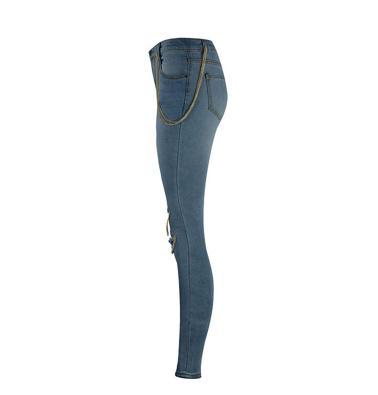 Ripped Chain Denim Pants — High Waist Stretch