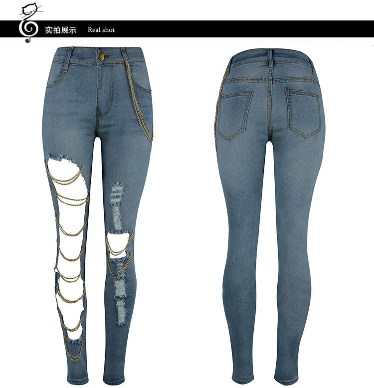Ripped Chain Denim Pants — High Waist Stretch
