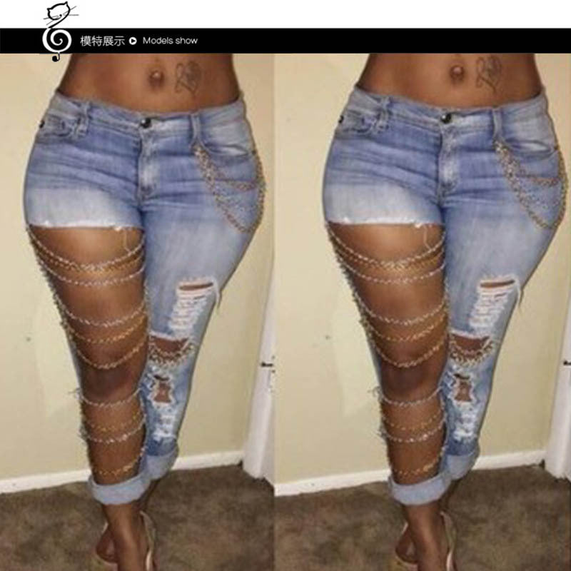 Ripped Chain Denim Pants — High Waist Stretch
