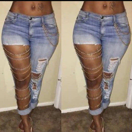 Ripped Chain Denim Pants — High Waist Stretch