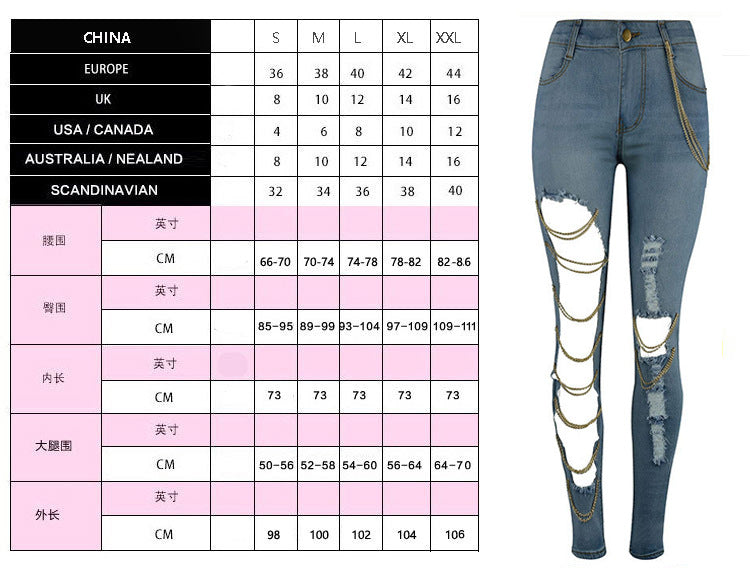 Ripped Chain Denim Pants — High Waist Stretch