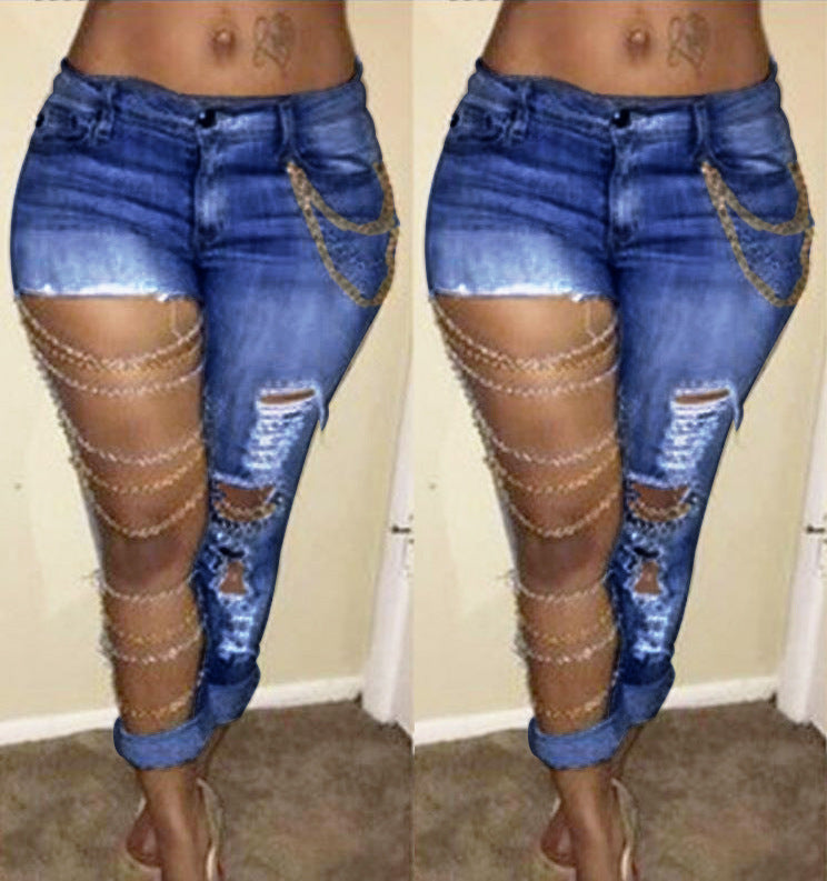 Ripped Chain Denim Pants — High Waist Stretch