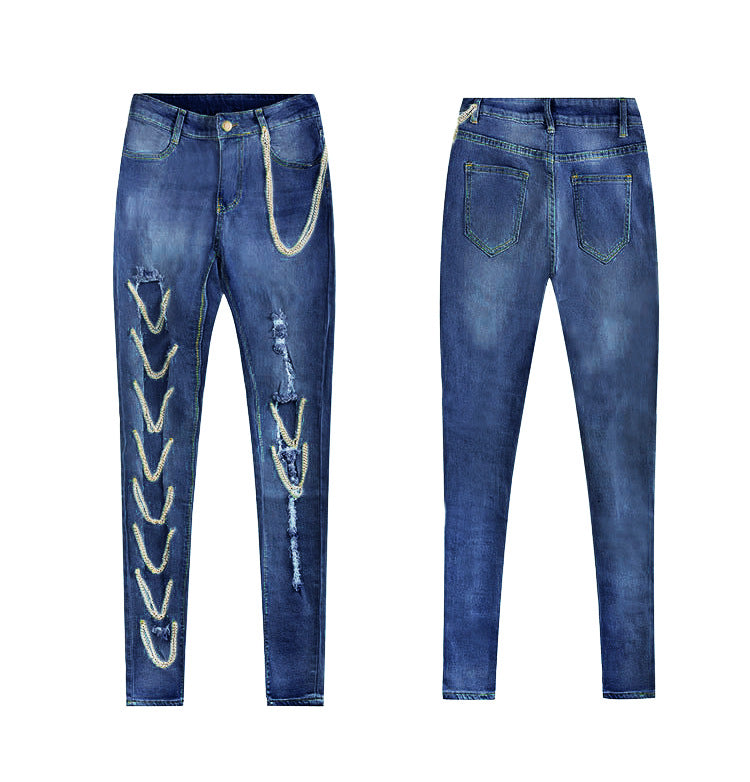 Ripped Chain Denim Pants — High Waist Stretch