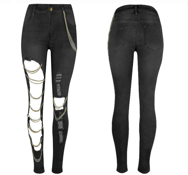 Ripped Chain Denim Pants — High Waist Stretch