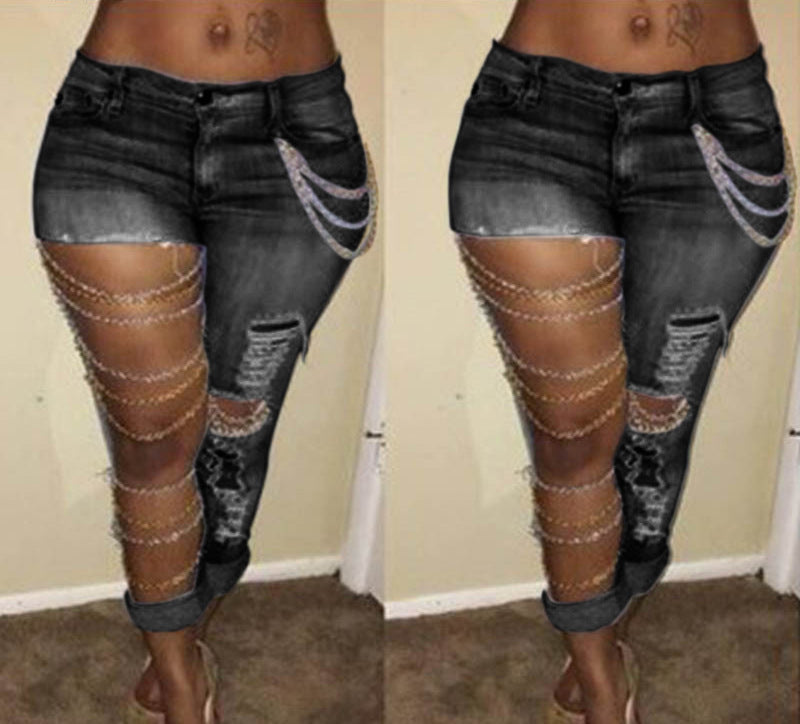 Ripped Chain Denim Pants — High Waist Stretch