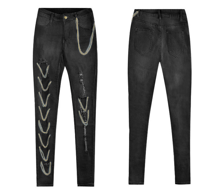 Ripped Chain Denim Pants — High Waist Stretch
