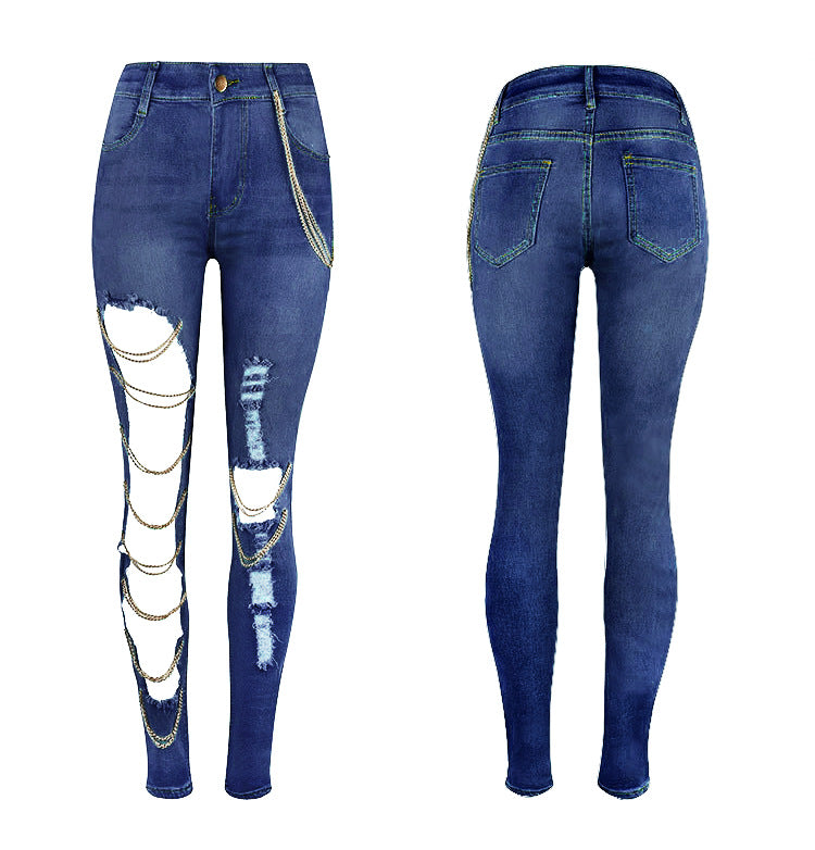 Ripped Chain Denim Pants — High Waist Stretch