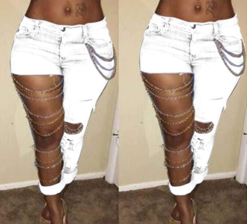 Ripped Chain Denim Pants — High Waist Stretch