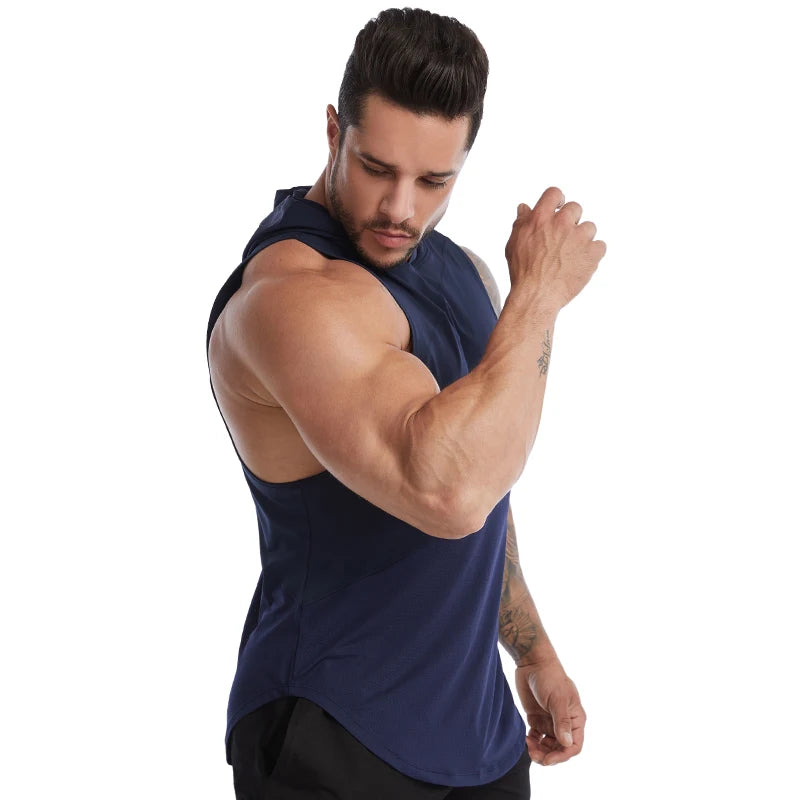 Men's Workout Hooded Tank Tops Sleeveless Gym Training Hoodies Bodybuilding Muscle Cut Off T-Shirt