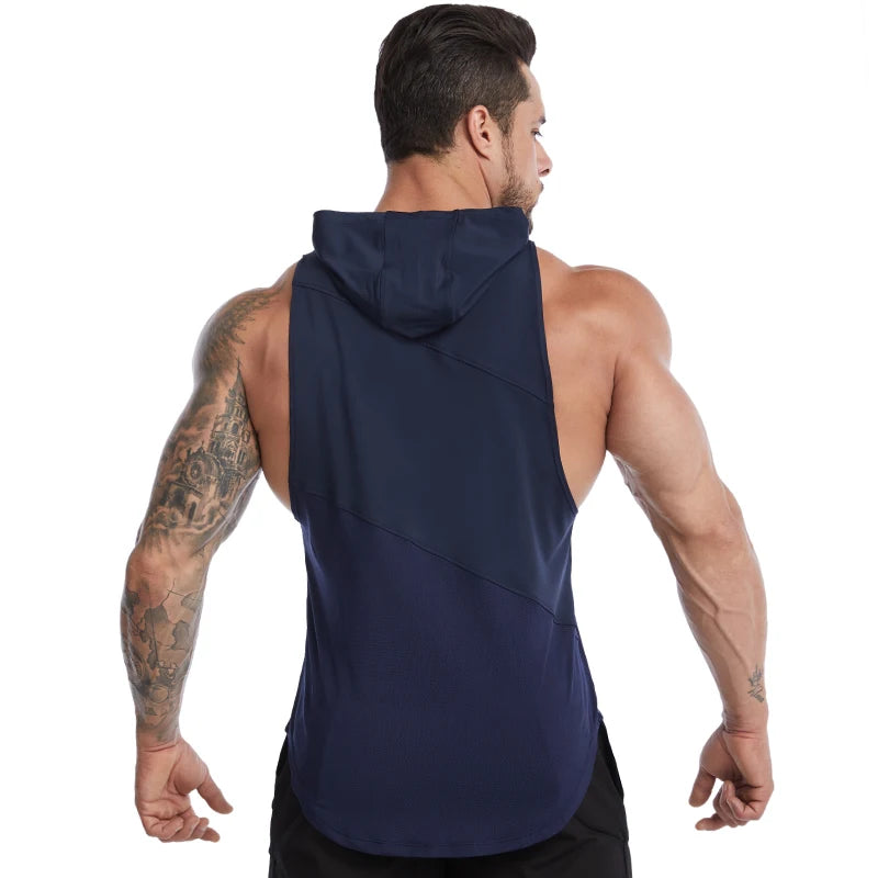 Men's Workout Hooded Tank Tops Sleeveless Gym Training Hoodies Bodybuilding Muscle Cut Off T-Shirt