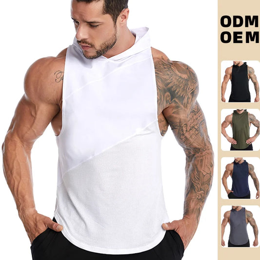 Men's Workout Hooded Tank Tops Sleeveless Gym Training Hoodies Bodybuilding Muscle Cut Off T-Shirt