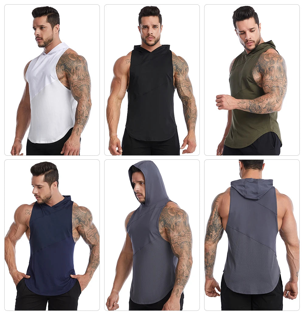 Men's Workout Hooded Tank Tops Sleeveless Gym Training Hoodies Bodybuilding Muscle Cut Off T-Shirt
