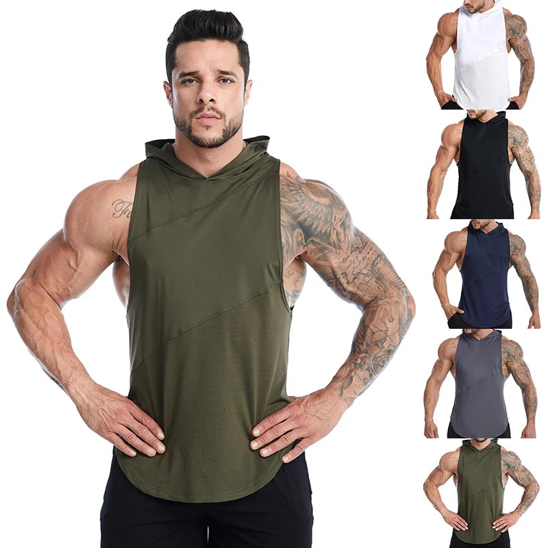Men's Workout Hooded Tank Tops Sleeveless Gym Training Hoodies Bodybuilding Muscle Cut Off T-Shirt