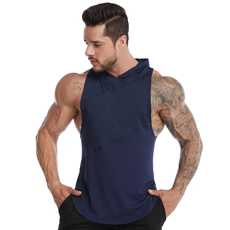 Men's Workout Hooded Tank Tops Sleeveless Gym Training Hoodies Bodybuilding Muscle Cut Off T-Shirt