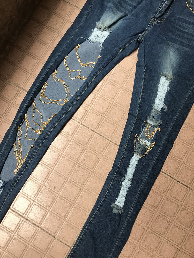 Ripped Chain Denim Pants — High Waist Stretch