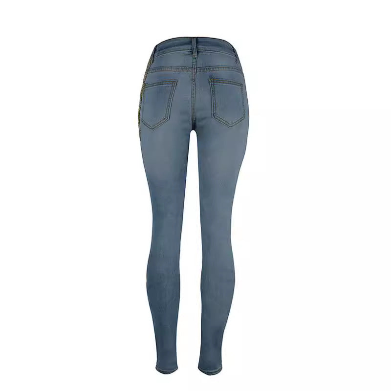 Ripped Chain Denim Pants — High Waist Stretch