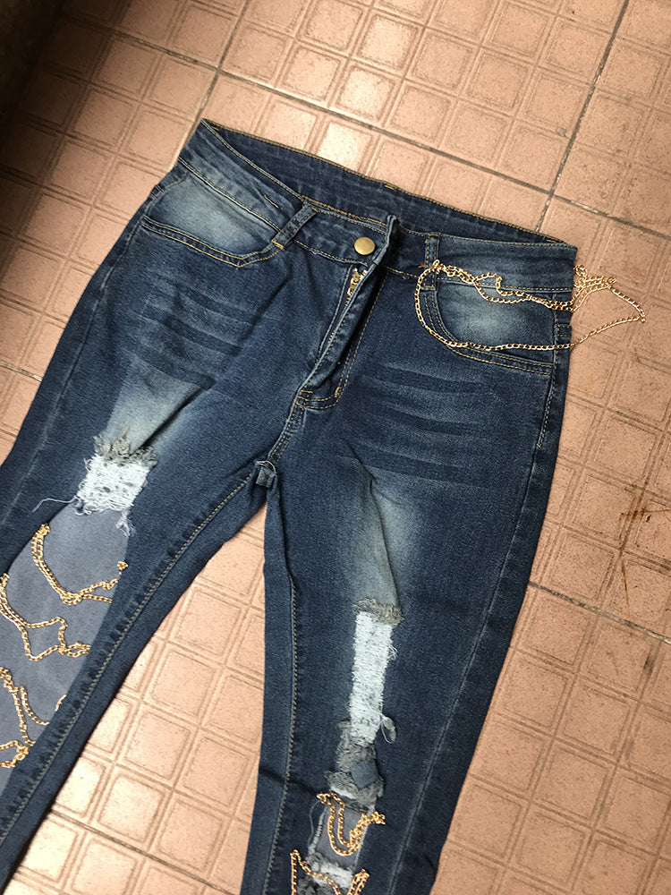 Ripped Chain Denim Pants — High Waist Stretch