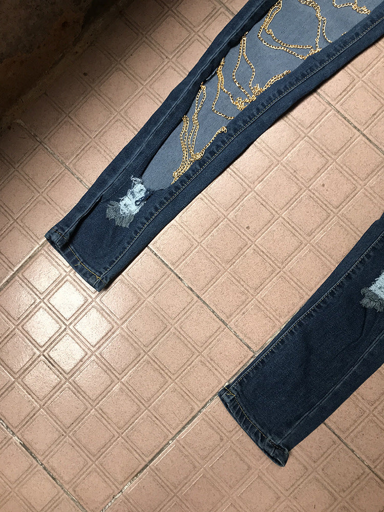 Ripped Chain Denim Pants — High Waist Stretch