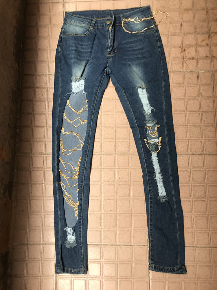 Ripped Chain Denim Pants — High Waist Stretch
