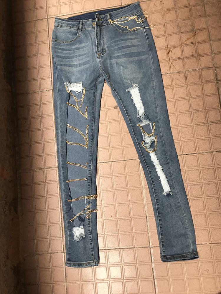 Ripped Chain Denim Pants — High Waist Stretch