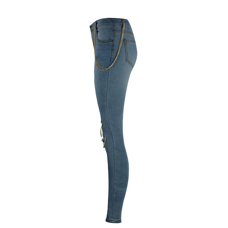 Ripped Chain Denim Pants — High Waist Stretch