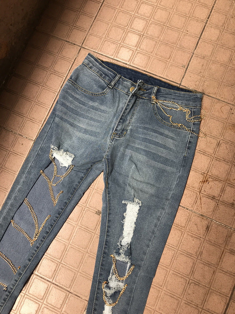 Ripped Chain Denim Pants — High Waist Stretch