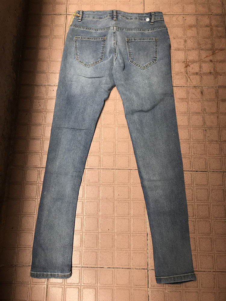 Ripped Chain Denim Pants — High Waist Stretch