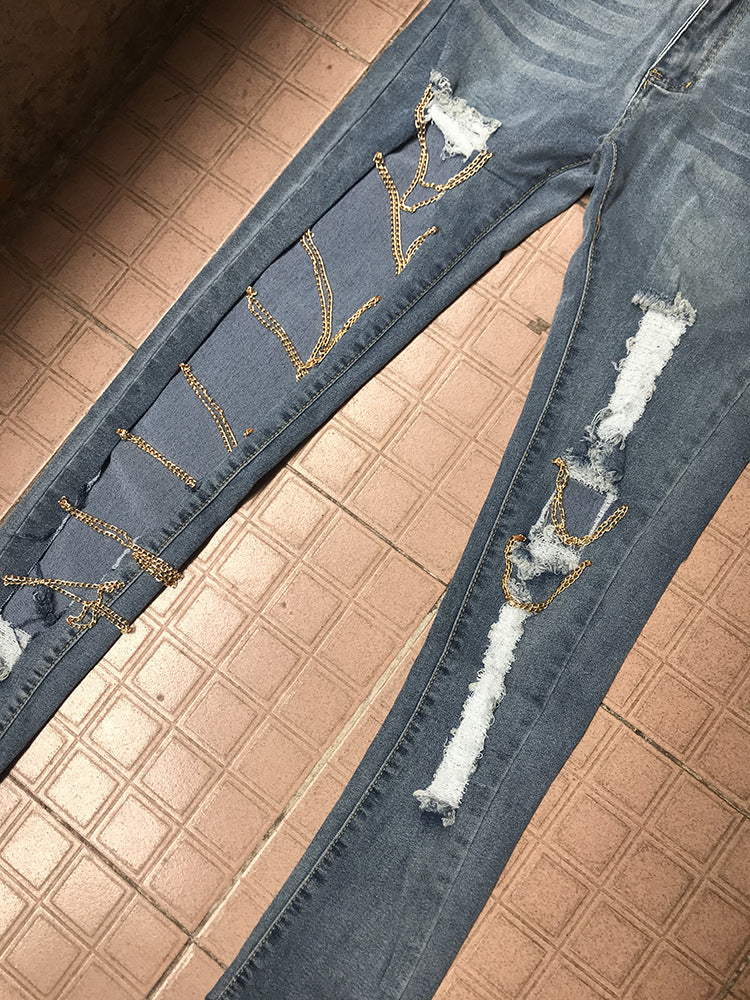 Ripped Chain Denim Pants — High Waist Stretch