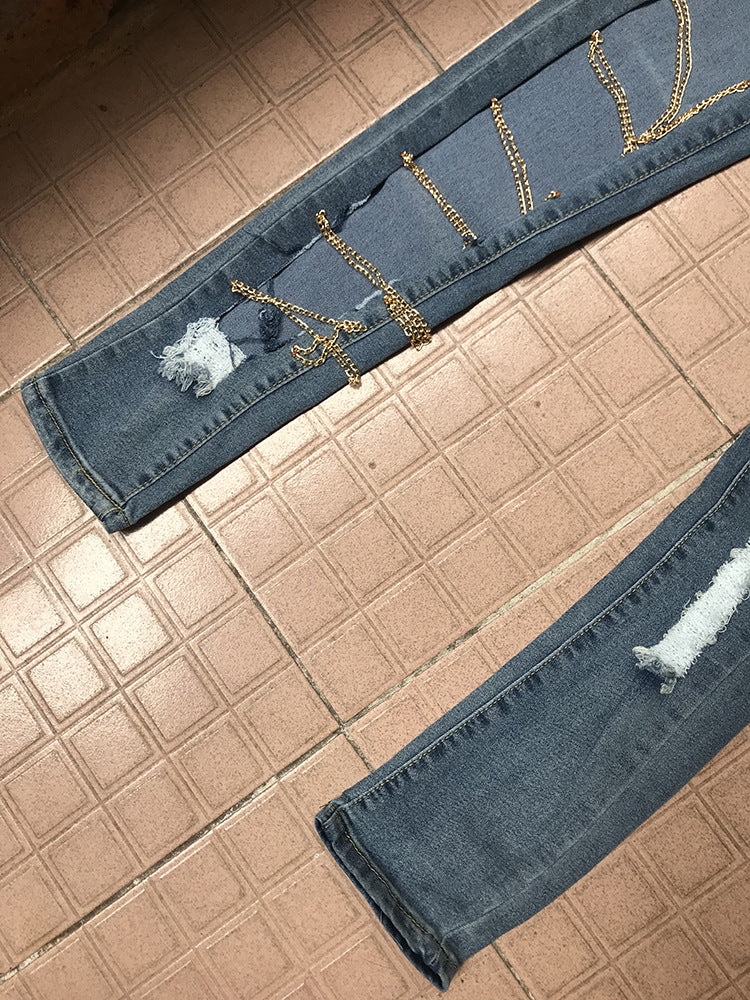 Ripped Chain Denim Pants — High Waist Stretch