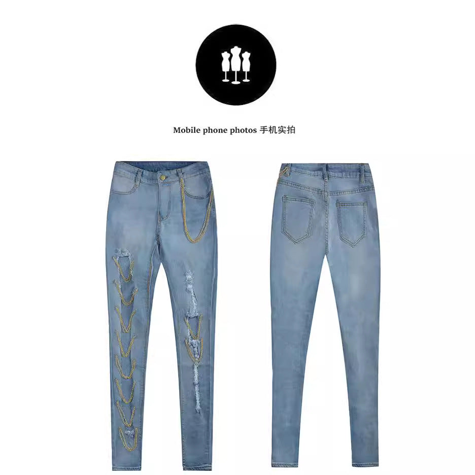 Ripped Chain Denim Pants — High Waist Stretch
