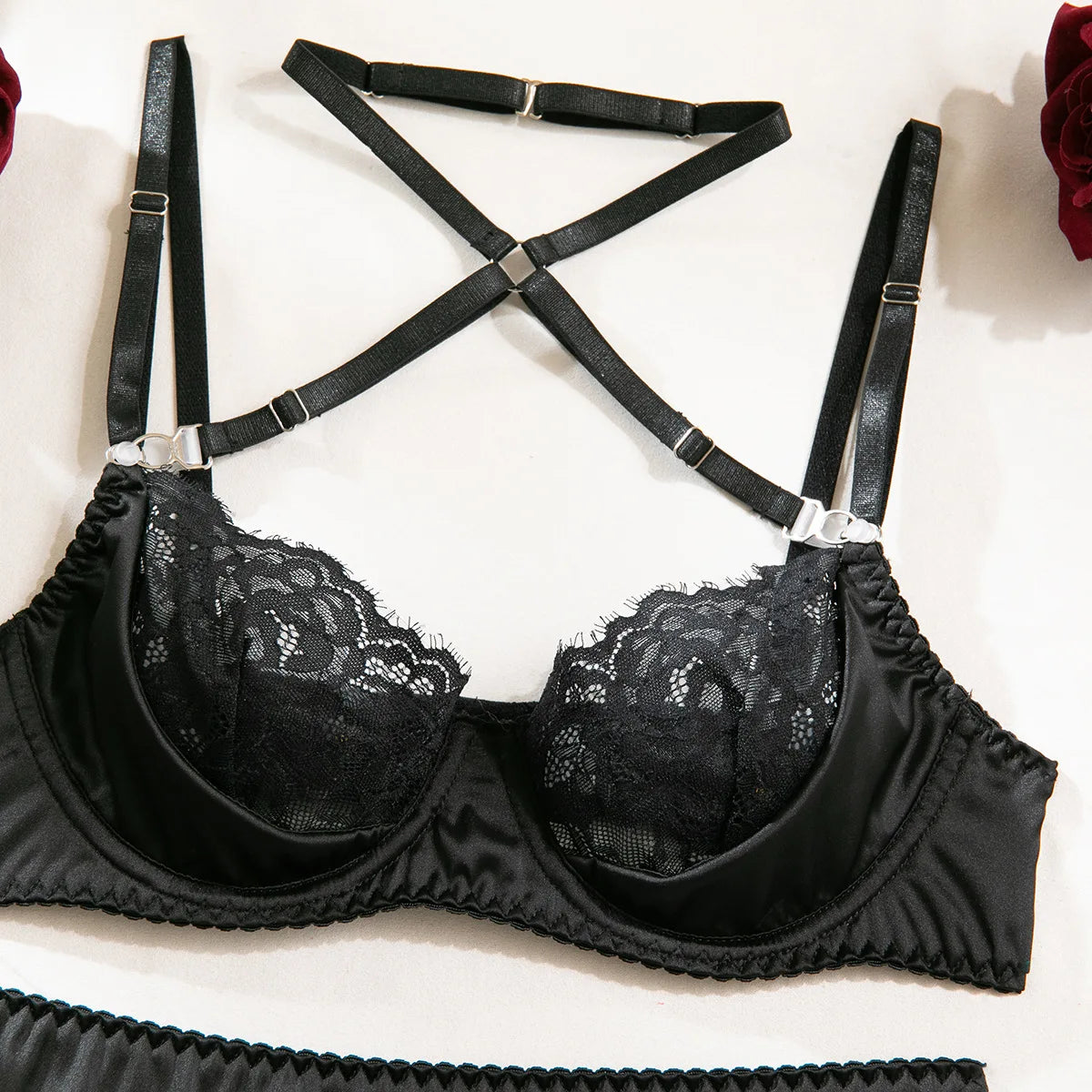 Hot Lingerie Women Satin Lace Halter Bra & G-String Erotic Underwear Set Crisscross Straps Exotic Romantic Ensemble