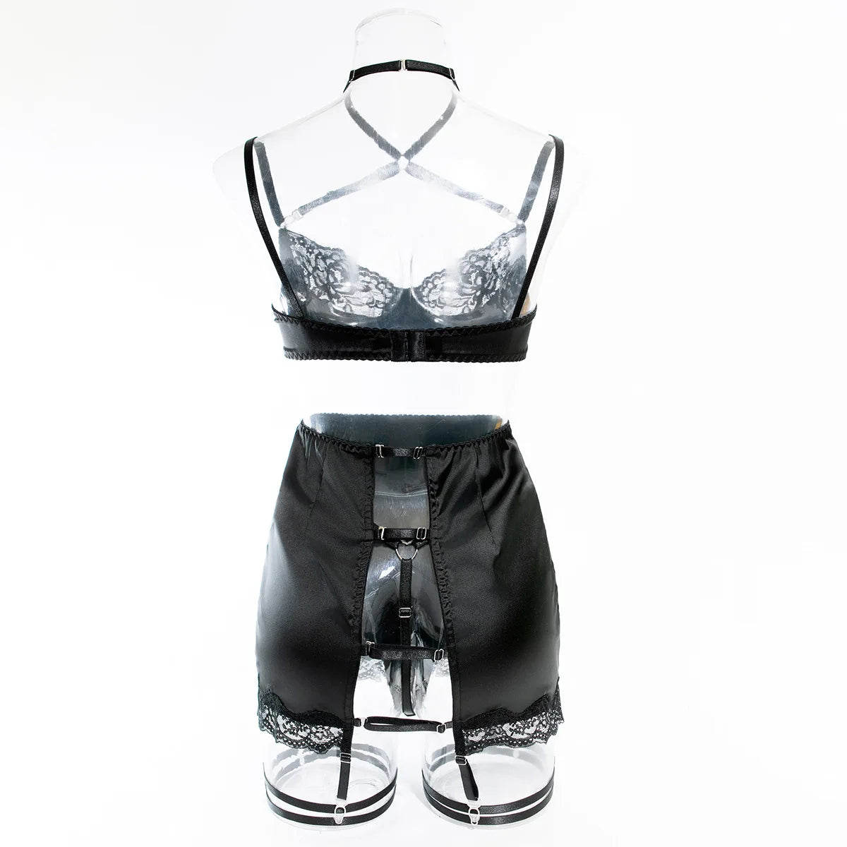 Hot Lingerie Women Satin Lace Halter Bra & G-String Erotic Underwear Set Crisscross Straps Exotic Romantic Ensemble