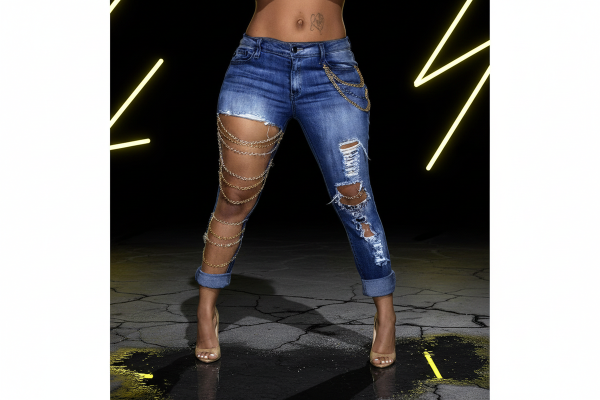 Blue Ripped Chain Jeans - D14 Style