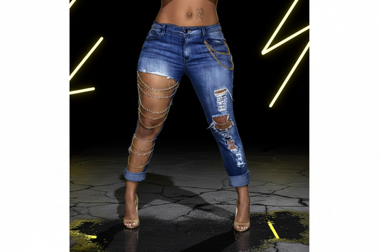 Blue Ripped Chain Jeans - D14 Style