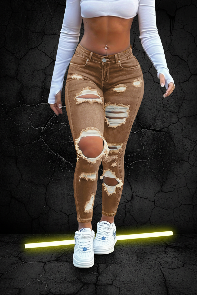Caramel Brown Ripped Jeans - D14